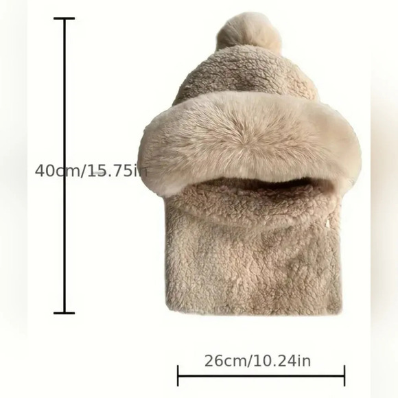 Warm Cozy Knitted Furry Hat Attached Scarf Soft Stretch Pom Trim Women's S/L - Picture 2 of 2